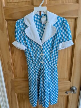Vintage Blue Gingham Short-Sleeve Fit & Flare Dress with White Collar